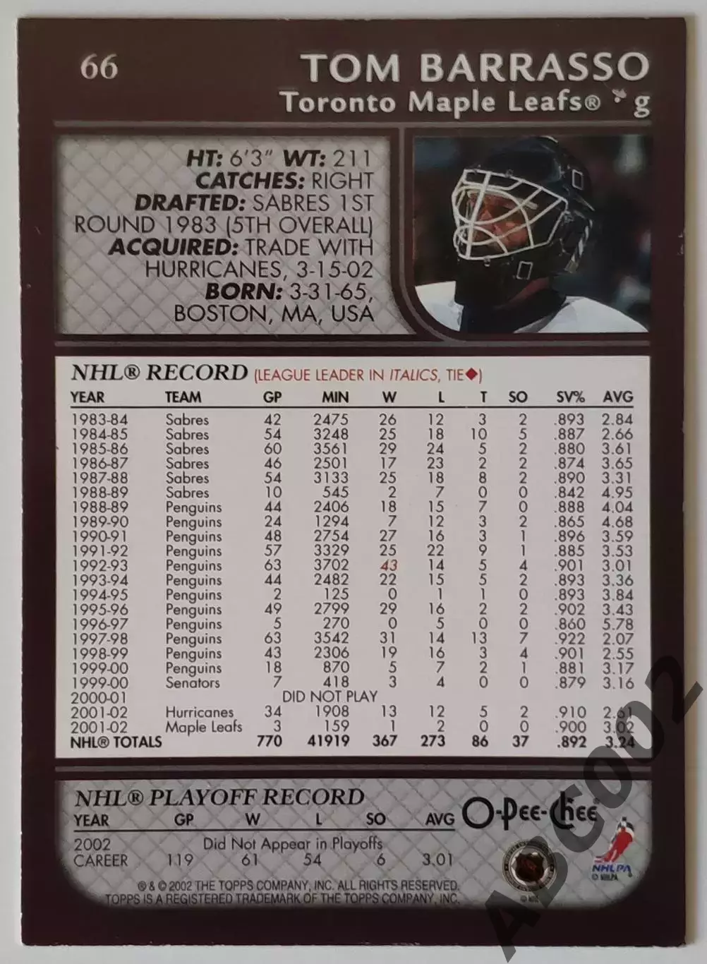 Карточка НХЛ / Tom Barrasso / Maple Leafs / O-Pee-Chee 1