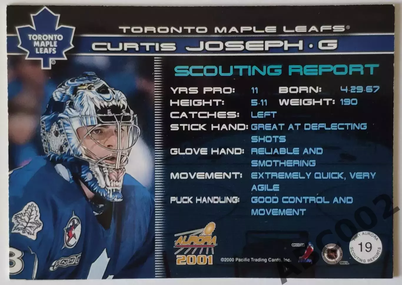 Карточка НХЛ / Curtis Joseph / Maple Leafs / Aurora 1