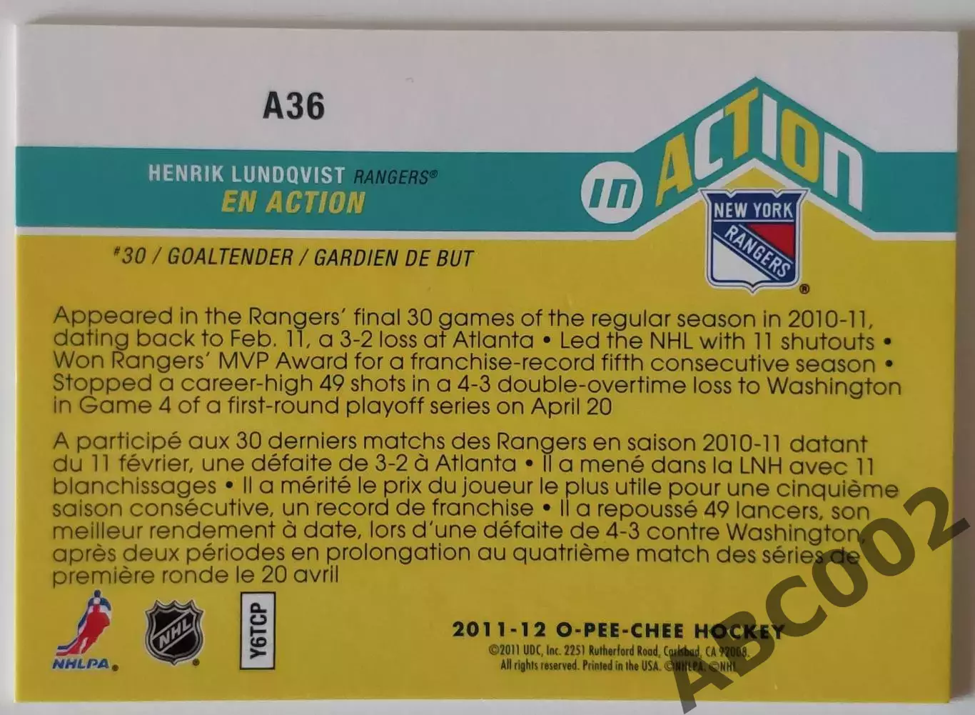 Карточка НХЛ / Henrik Lundqvist / Rangers / In Action 1