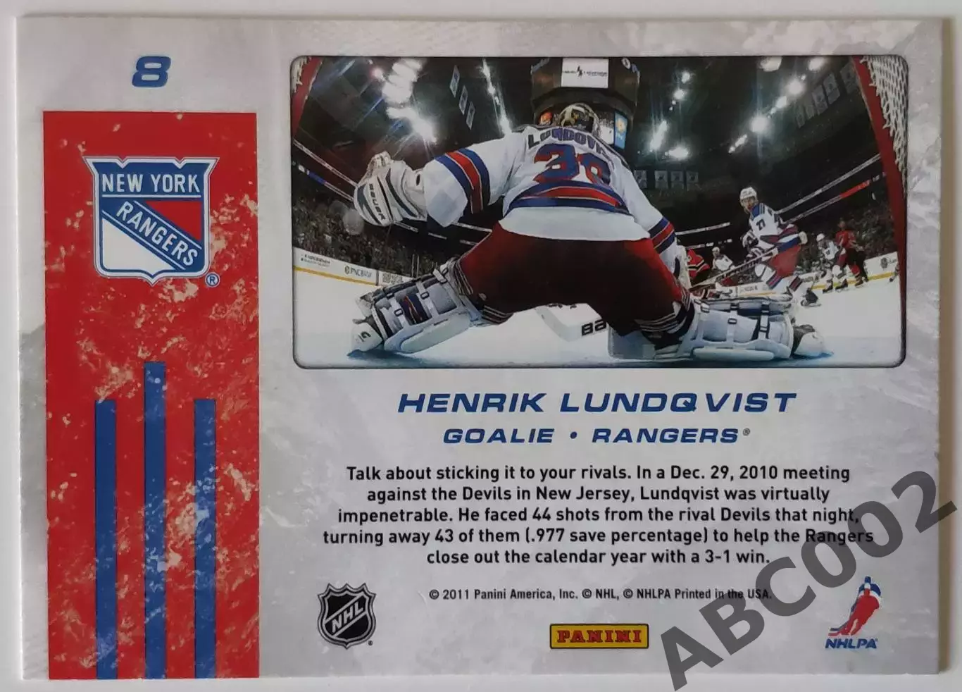 Карточка НХЛ / Henrik Lundqvist / Rangers / Net Cam 1