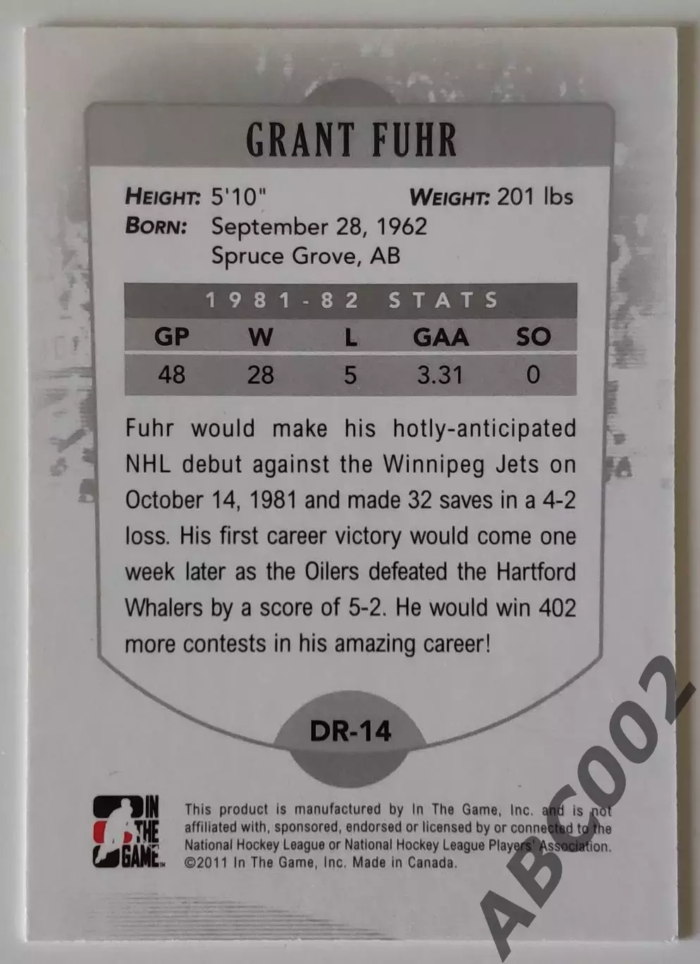 Карточка НХЛ / Grant Fuhr / Oilers / Decades Rookie 1
