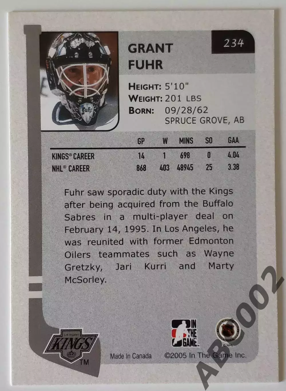 Карточка НХЛ / Grant Fuhr / Kings / In The Game 1