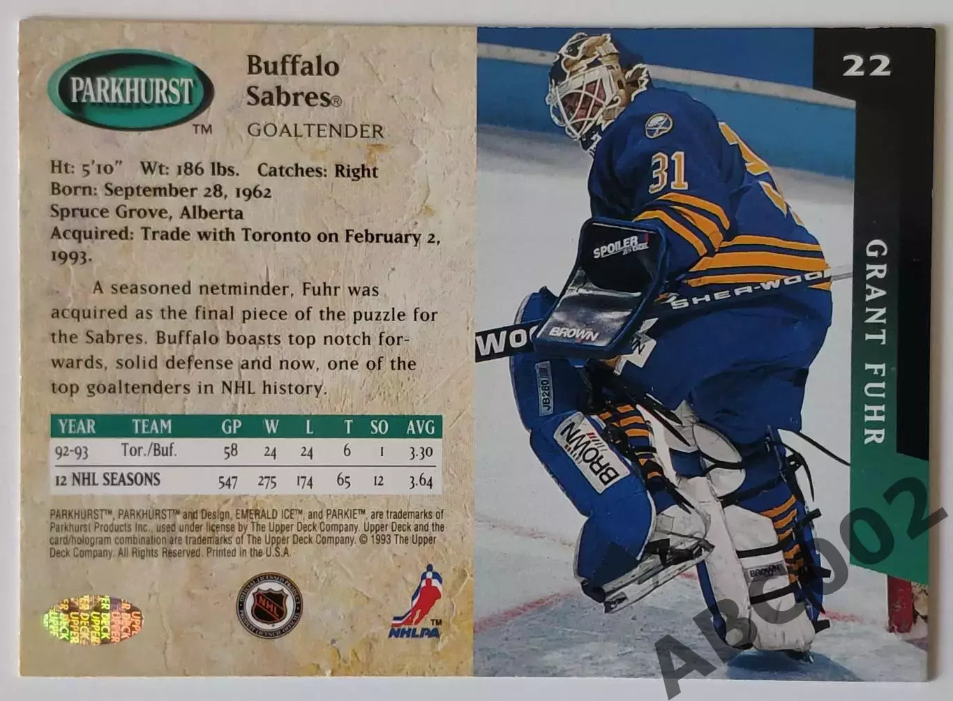 Карточка НХЛ / Grant Fuhr / Sabres / Parkhurst 1