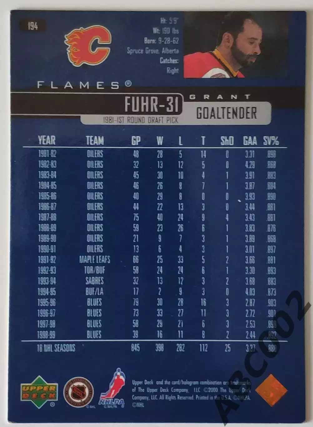 Карточка НХЛ / Grant Fuhr / Flames / Upper Deck 1