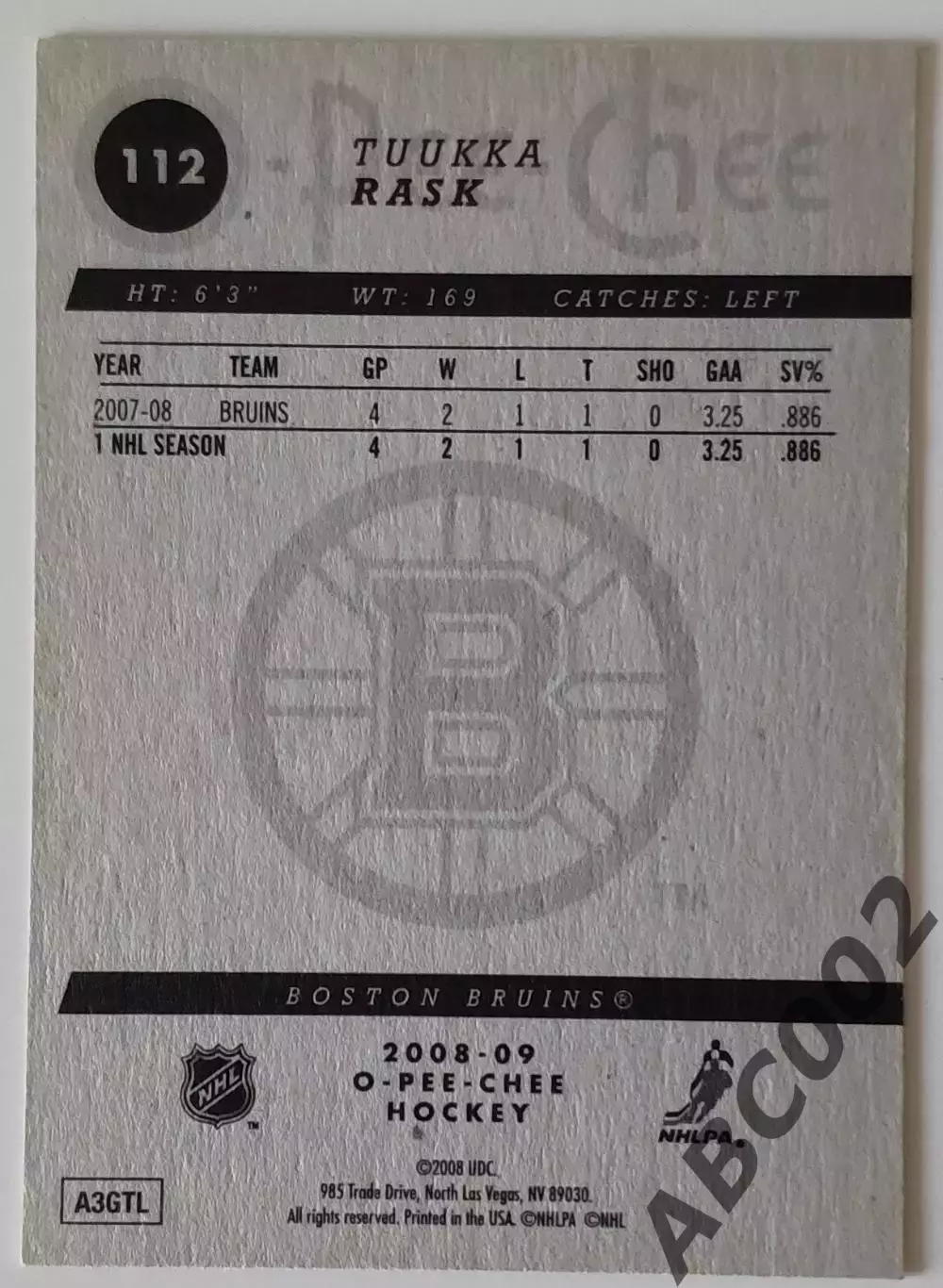 Карточка НХЛ / Tuuka Rask / Bruins / O-Pee-Chee 1