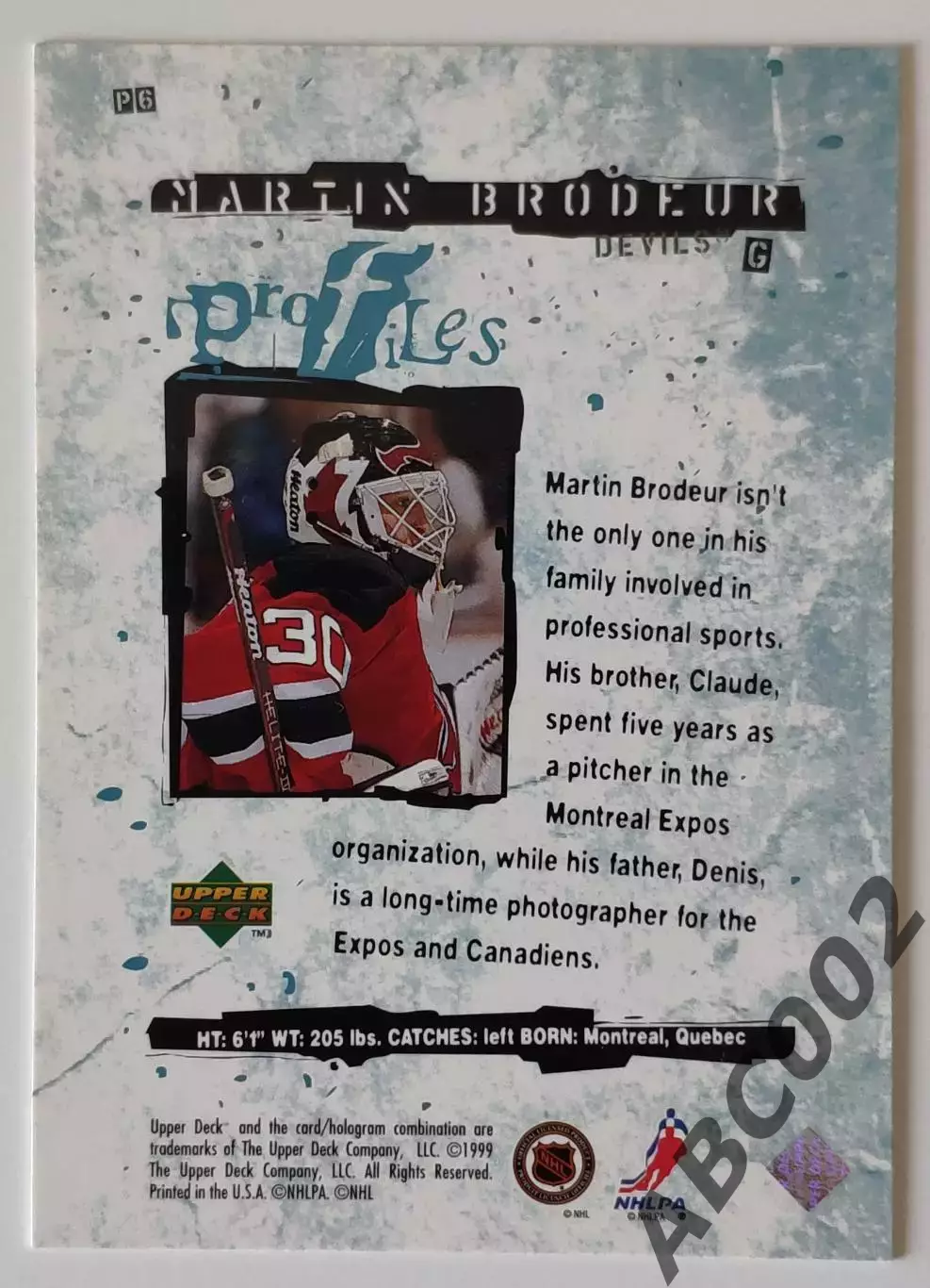 Карточка НХЛ / Martin Brodeur / Devils / Profiles 1