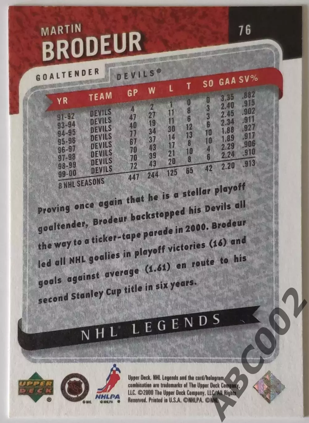 Карточка НХЛ / Martin Brodeur / Devils / NHL Legends 1