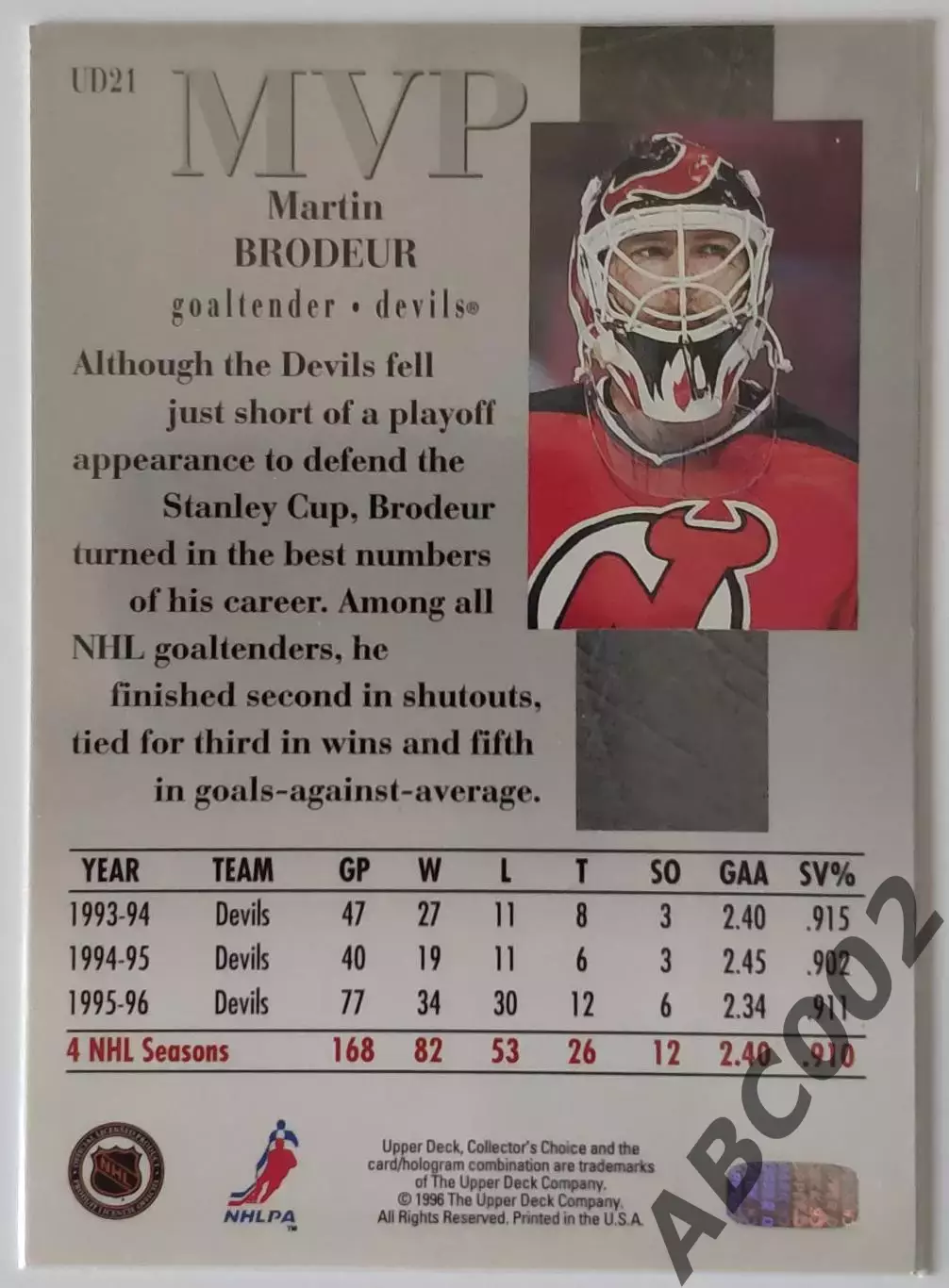 Карточка НХЛ / Martin Brodeur / Devils / MVP 1