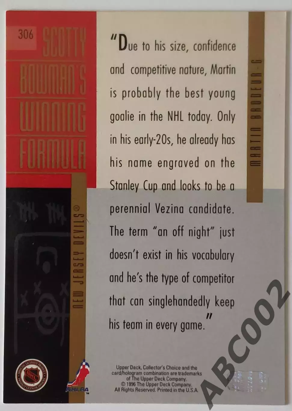 Карточка НХЛ / Martin Brodeur / Devils / Collectors Choice 1