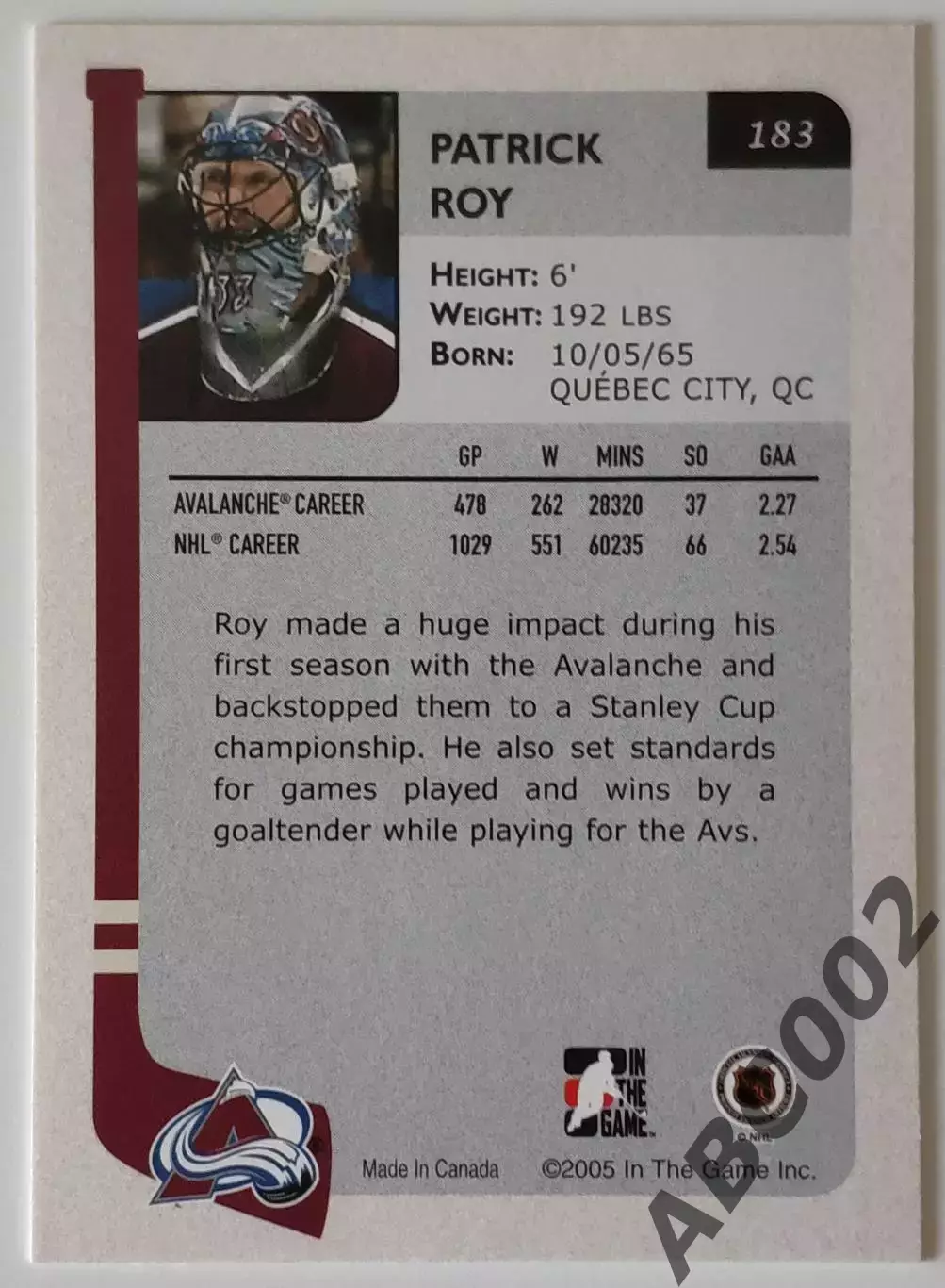 Карточка НХЛ / Patrick Roy / Colorado / In The Game 1