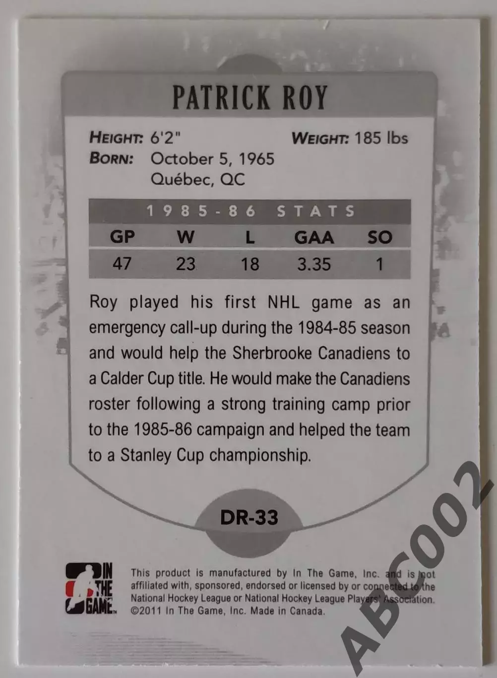 Карточка НХЛ / Patrick Roy / Canadiens / Decades Rookies 1