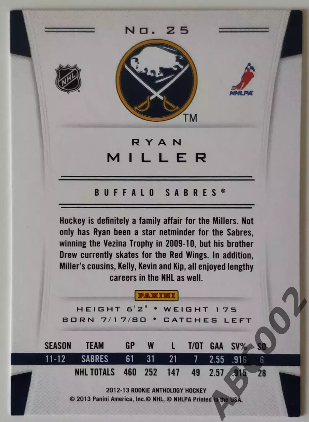 Карточка НХЛ / Ryan Miller / Sabres / Rookie Anthology 1