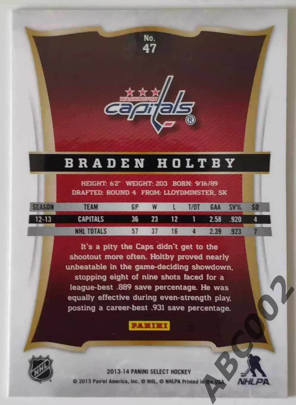 Карточка НХЛ / Braden Holtby / Capitals / Select 1
