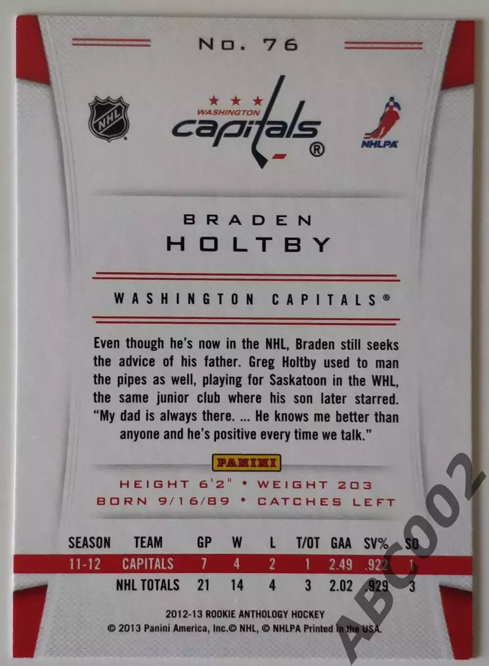 Карточка НХЛ / Braden Holtby / Capitals / Rookie Anthology 1