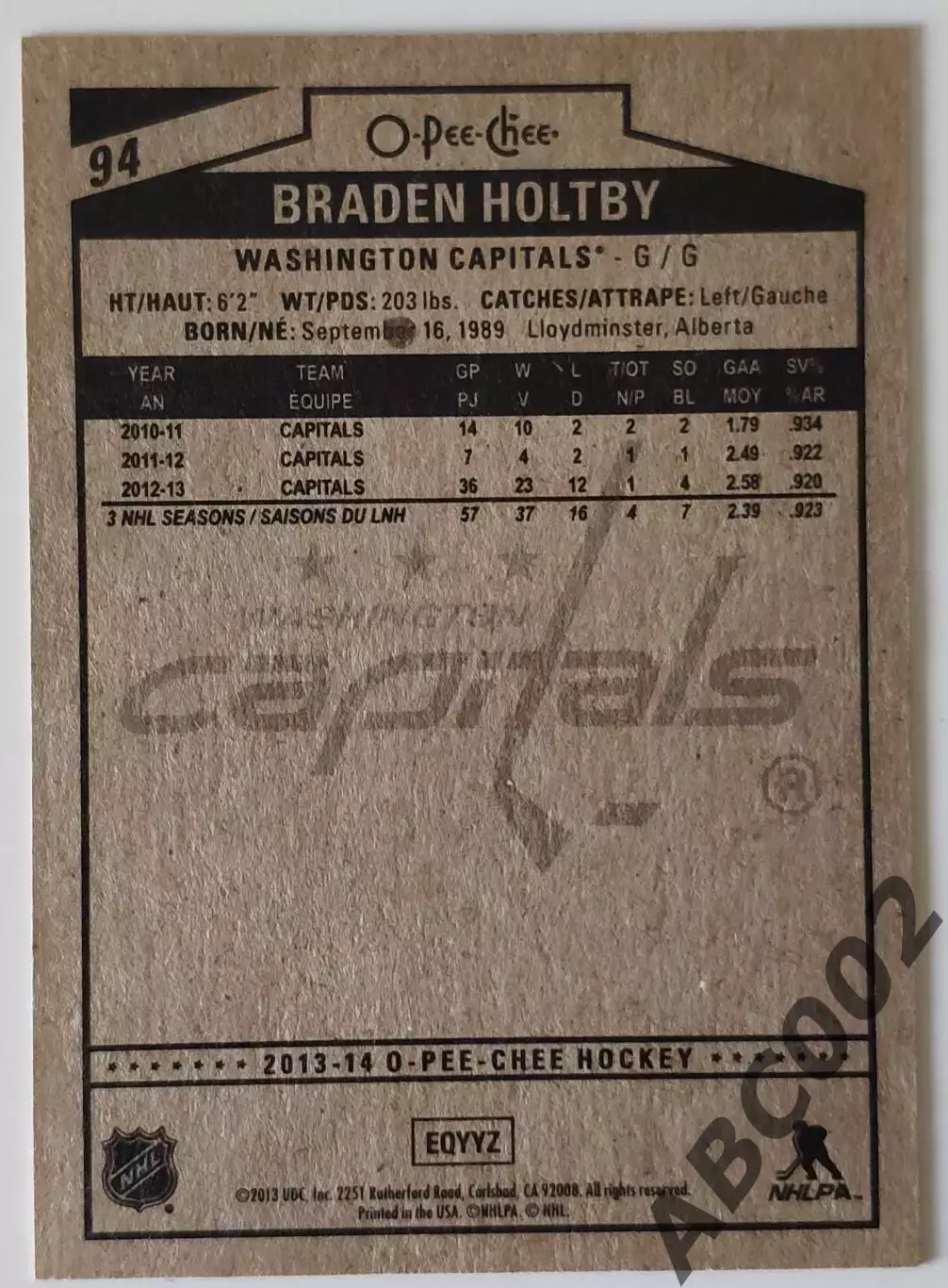 Карточка НХЛ / Braden Holtby / Capitals / O-Pee-Chee 1