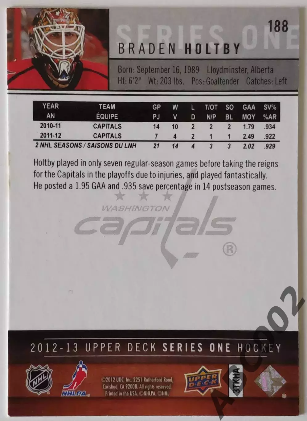 Карточка НХЛ / Braden Holtby / Capitals / Series 1 1