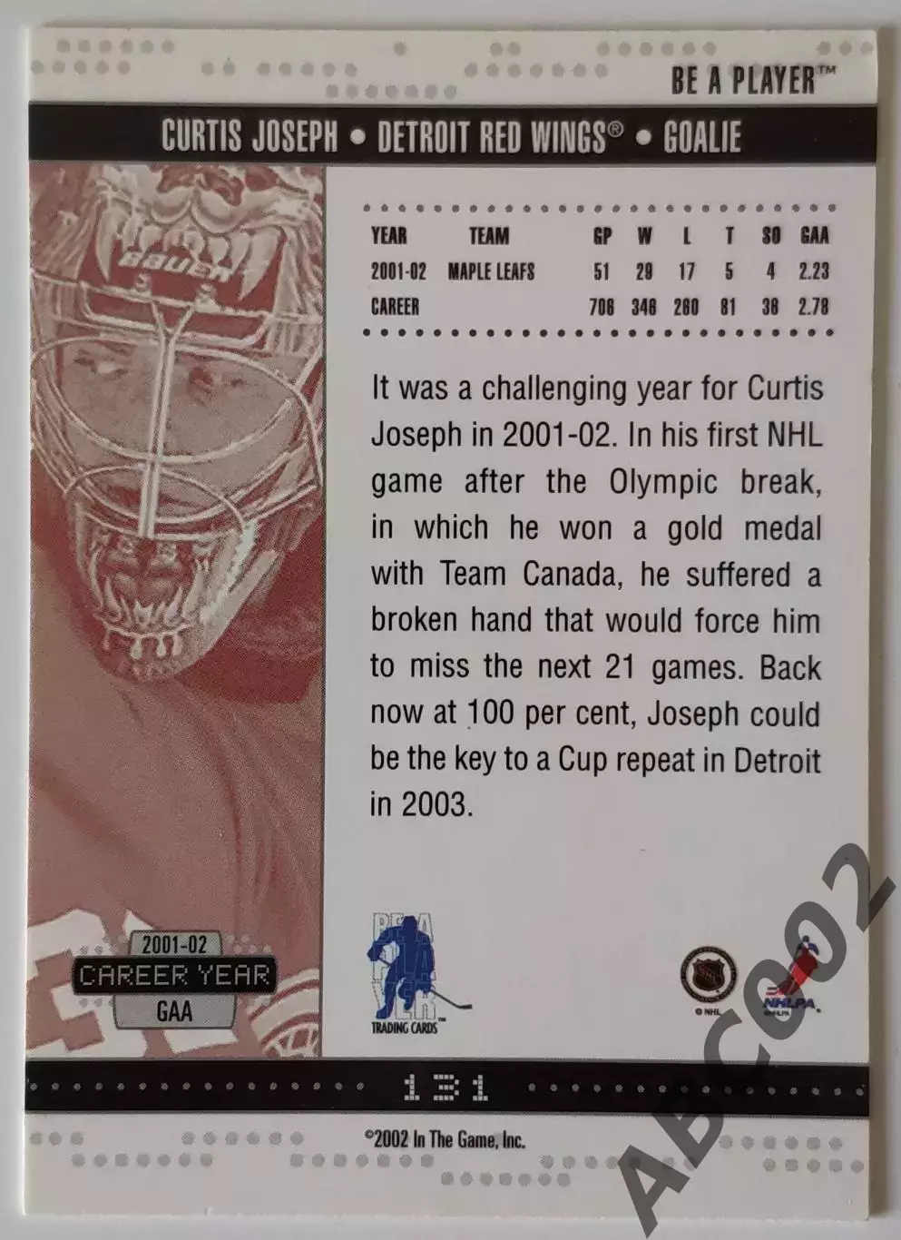 Карточка НХЛ / Curtis Joseph / Red Wings / Be A Player 1