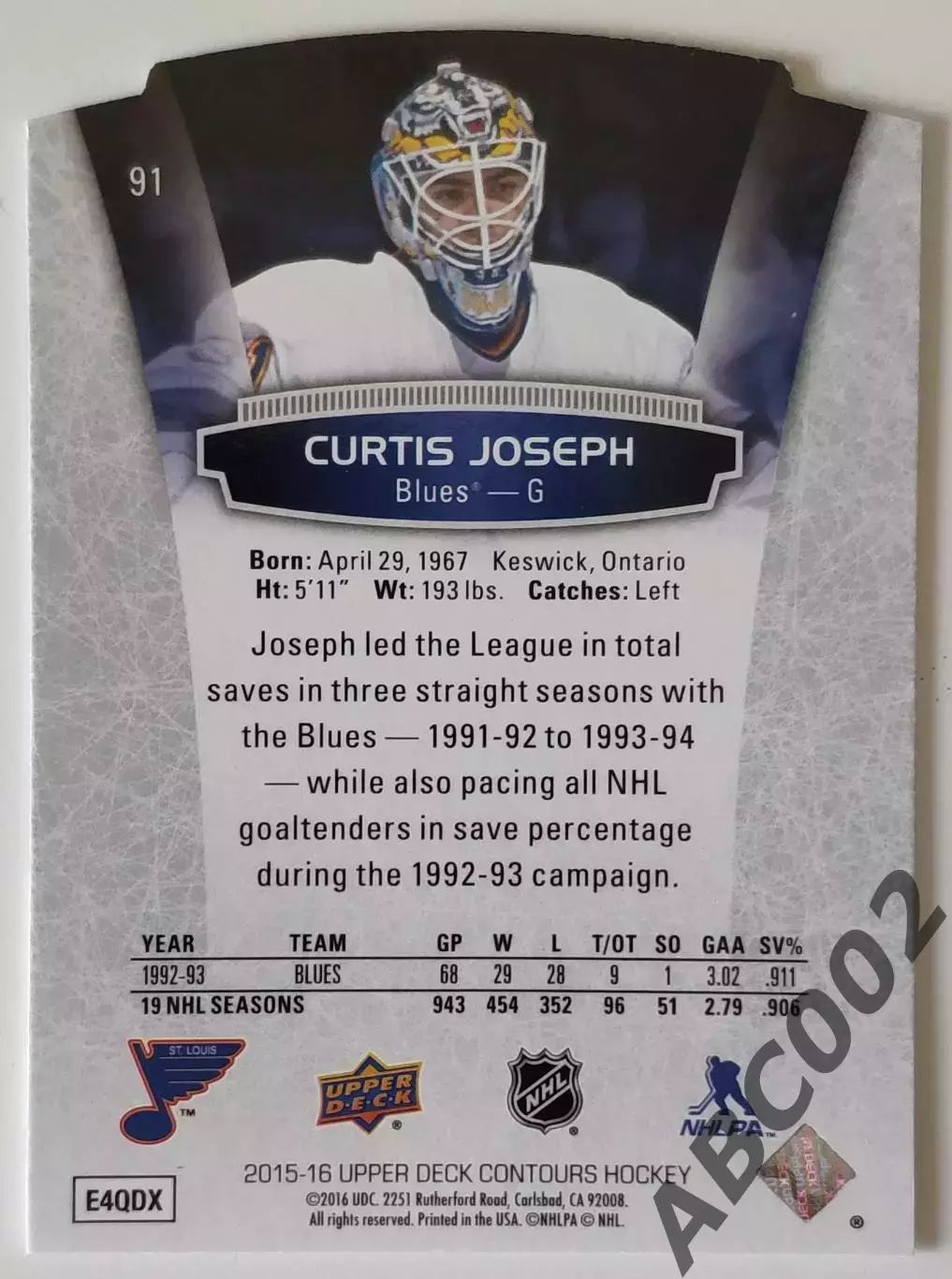 Карточка НХЛ / Curtis Joseph / Blues / Contours 1
