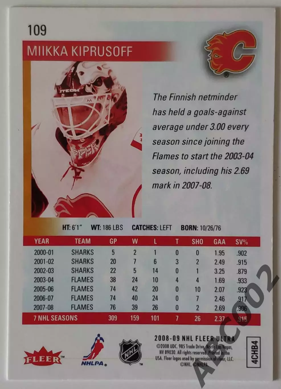 Карточка НХЛ / Mikka Kiprusoff / Flames / Fleer Ultra 1