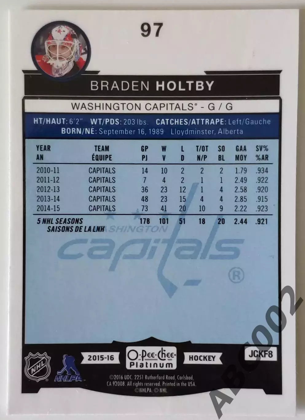 Карточка НХЛ / Braden Holtby / Capitals / O-Pee-Chee Platinum 1