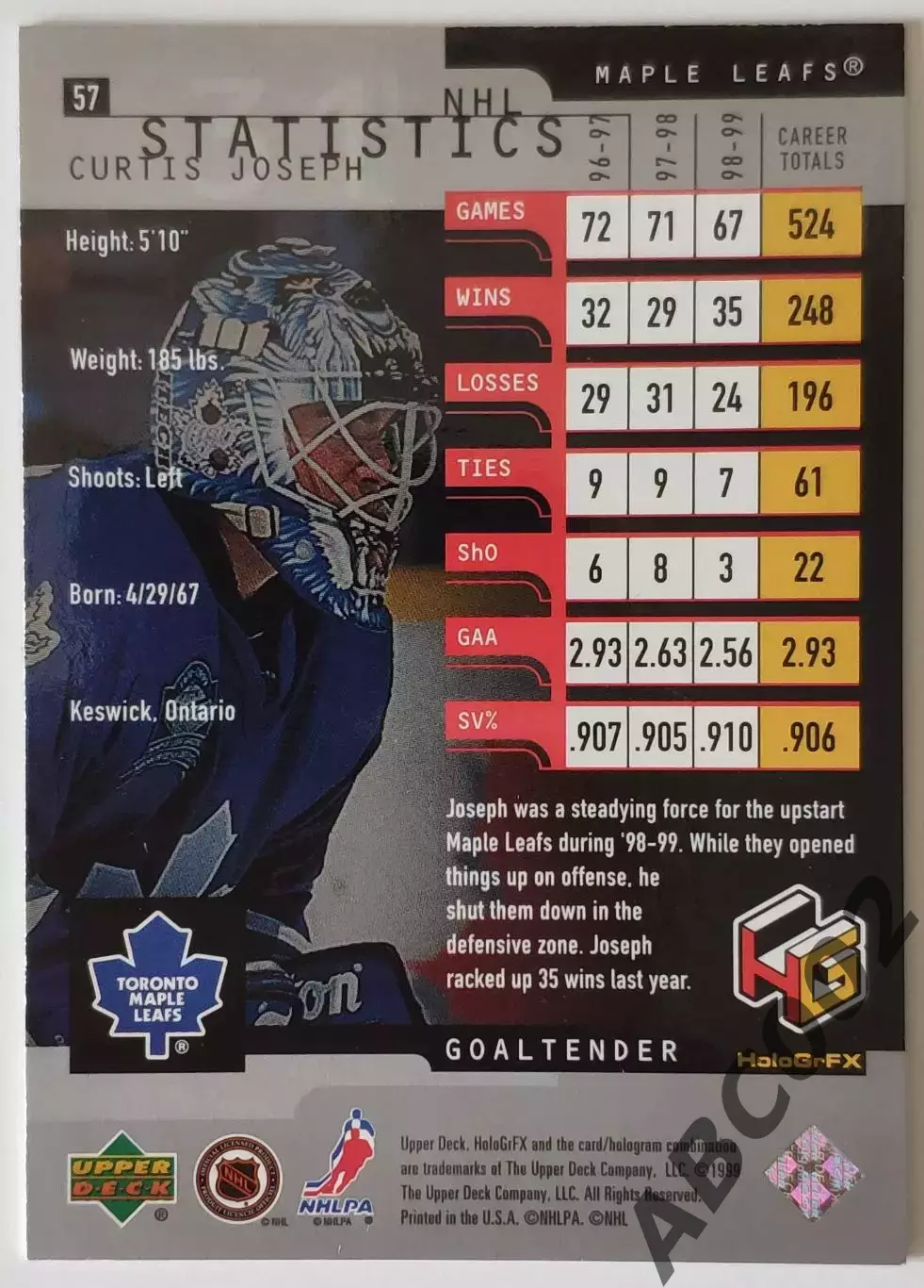 Карточка НХЛ / Curtis Joseph / Maple Leafs / HoloGrFX 1