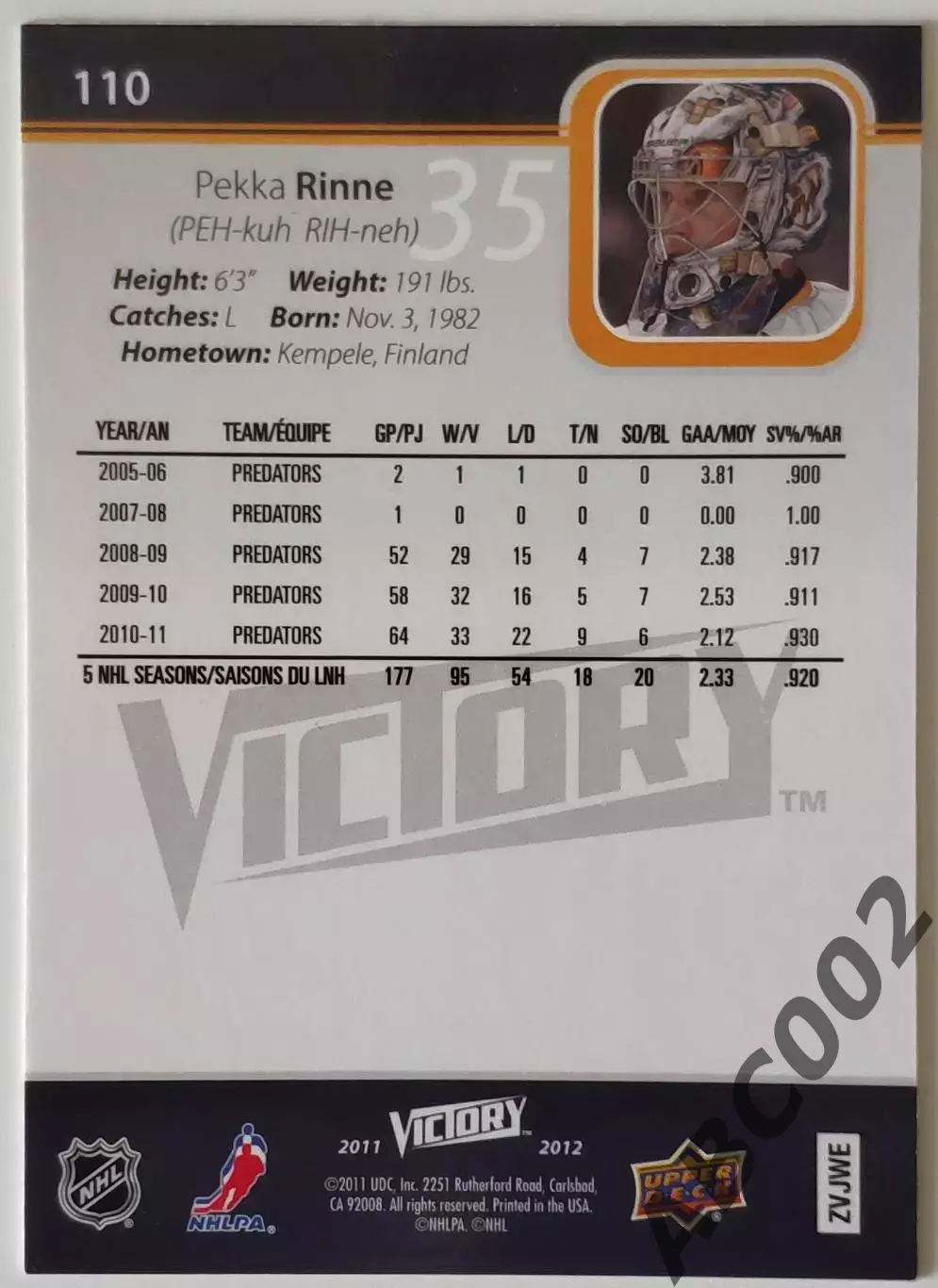 Карточка НХЛ / Pekka Rinne / Nashville / Victory 1