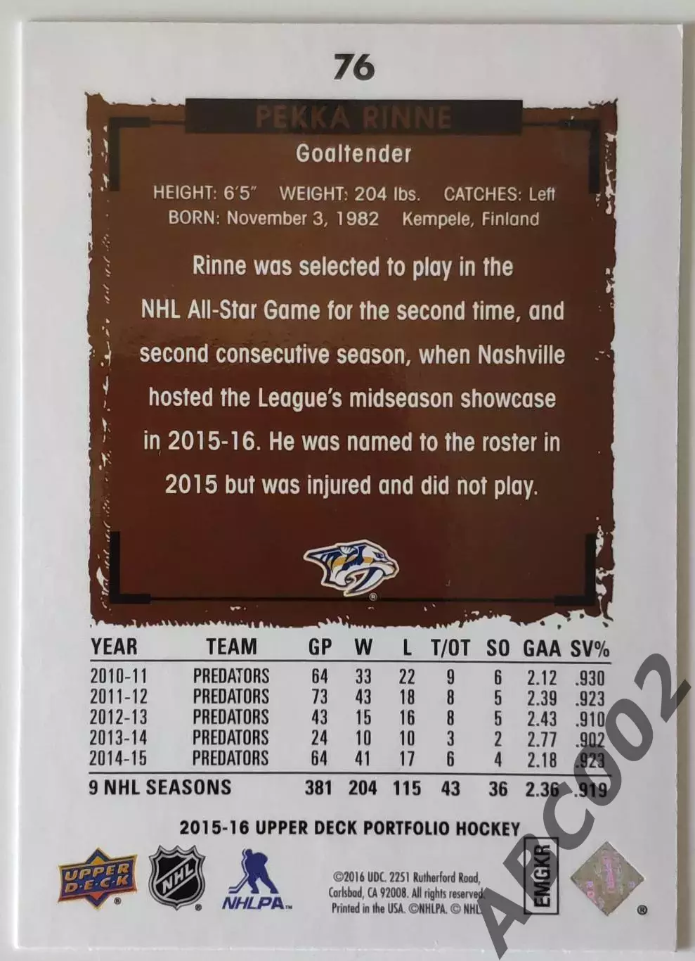 Карточка НХЛ / Pekka Rinne / Nashville / Portfolio 1