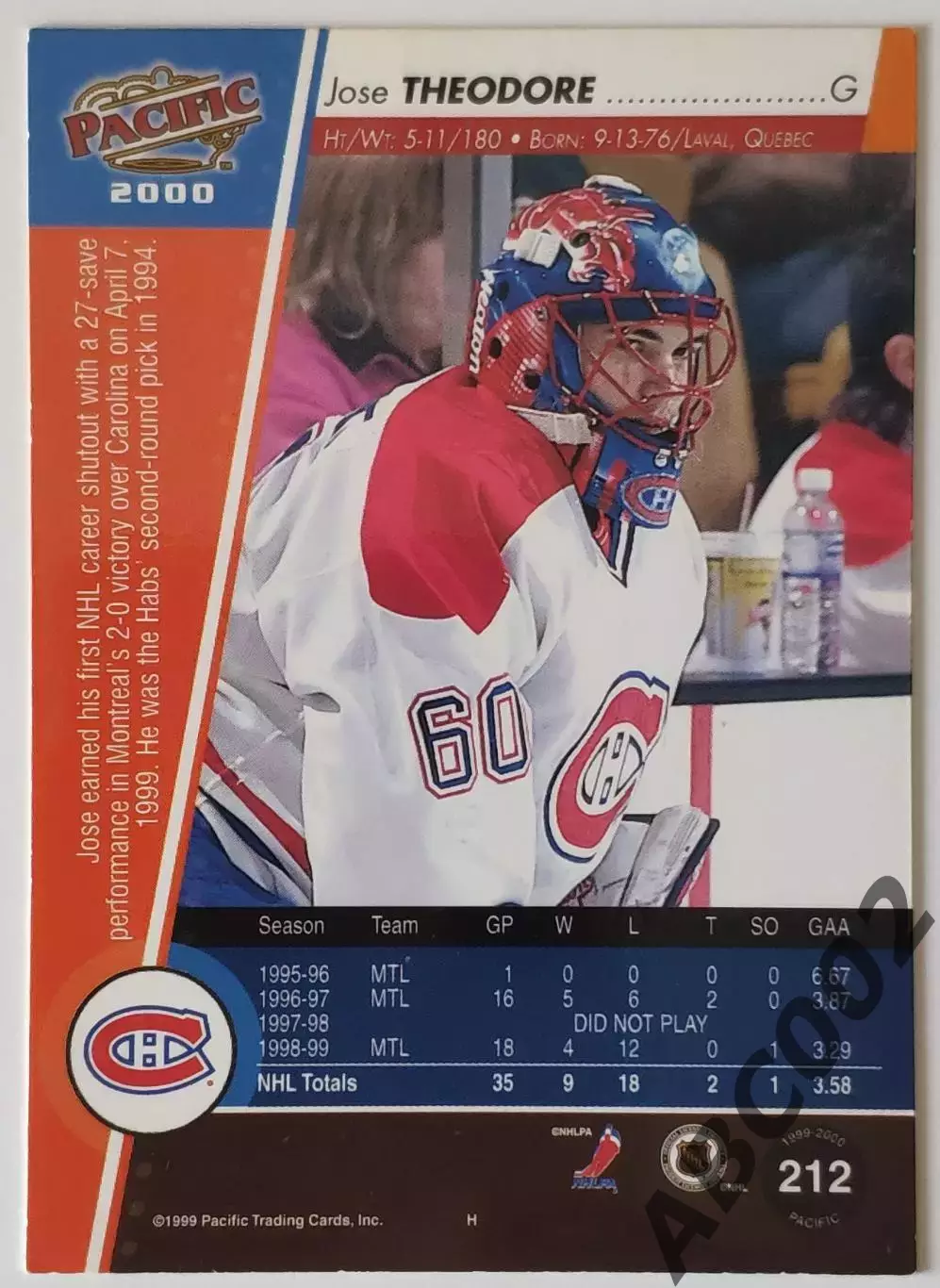 Карточка НХЛ / Jose Theodore / Canadiens / Pacific 1