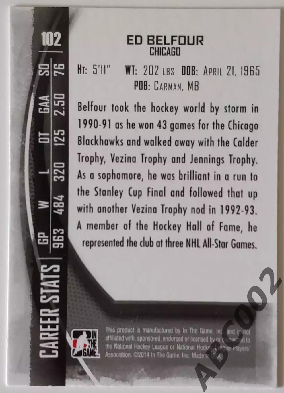 Карточка НХЛ / Ed Belfour / Blackhawks / Between The Pipes 1