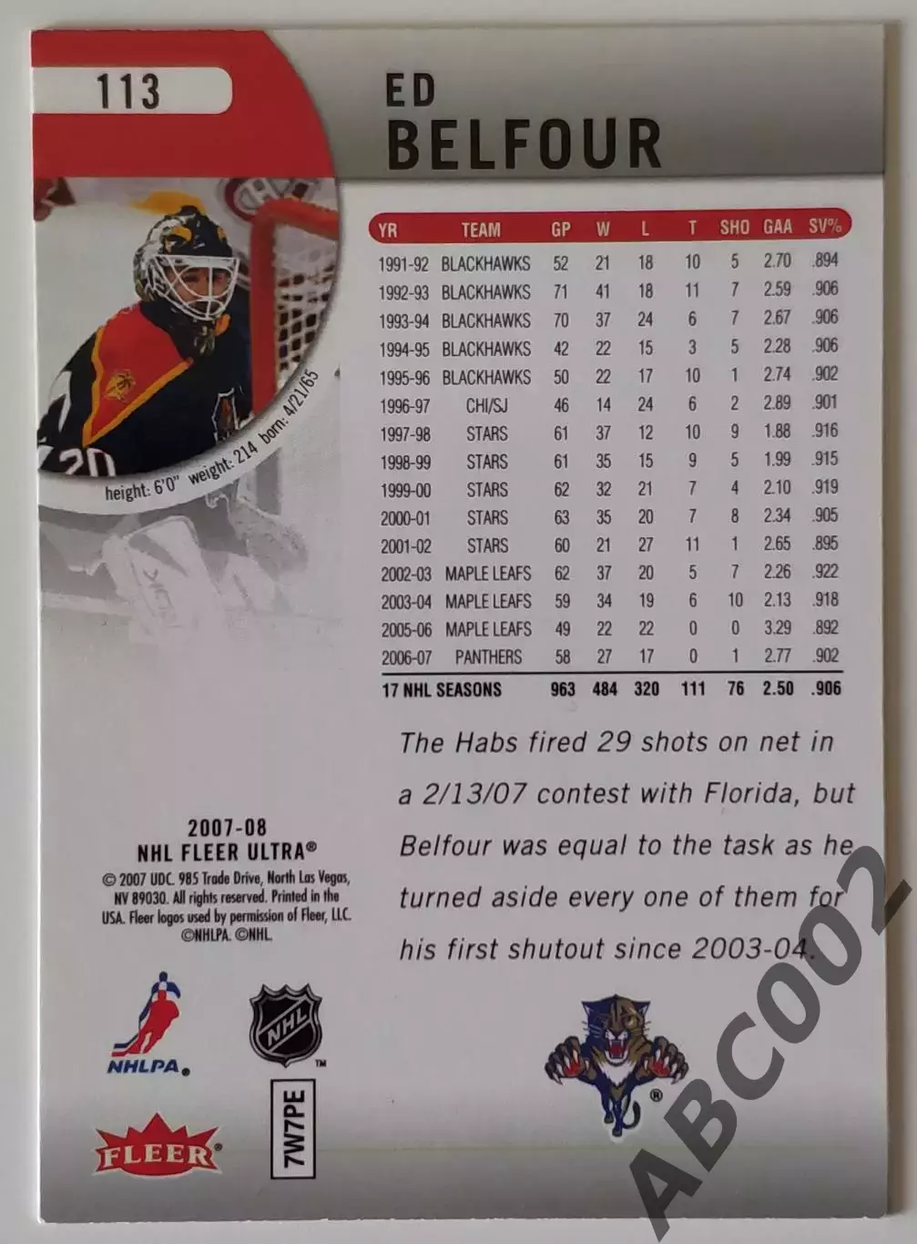 Карточка НХЛ / Ed Belfour / Panthers / Fleer Ultra 1