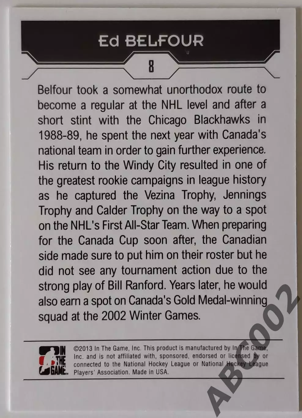 Карточка НХЛ / Ed Belfour / Blackhawks / Decades 1