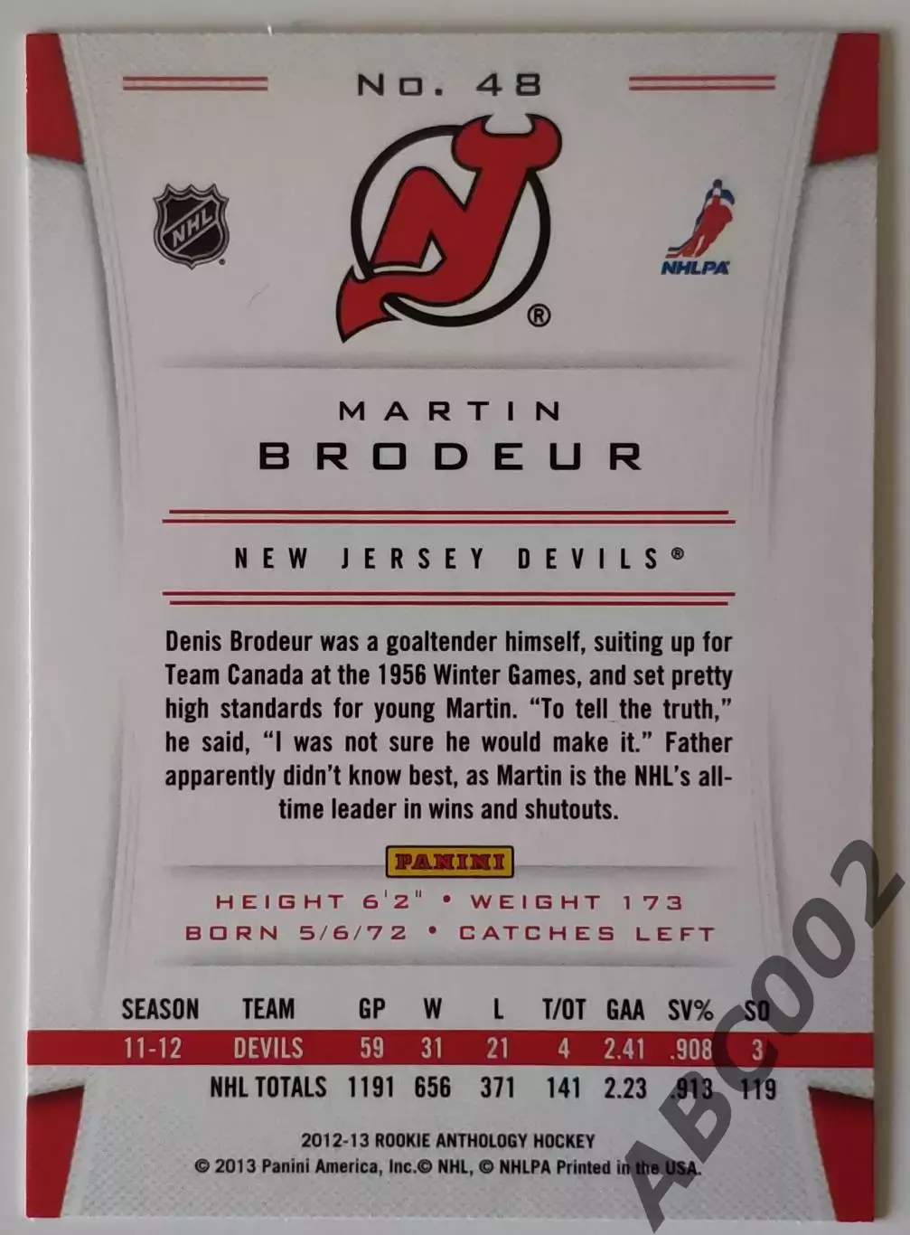 Карточка НХЛ / Martin Brodeur / Devils / Rookie Anthology 1