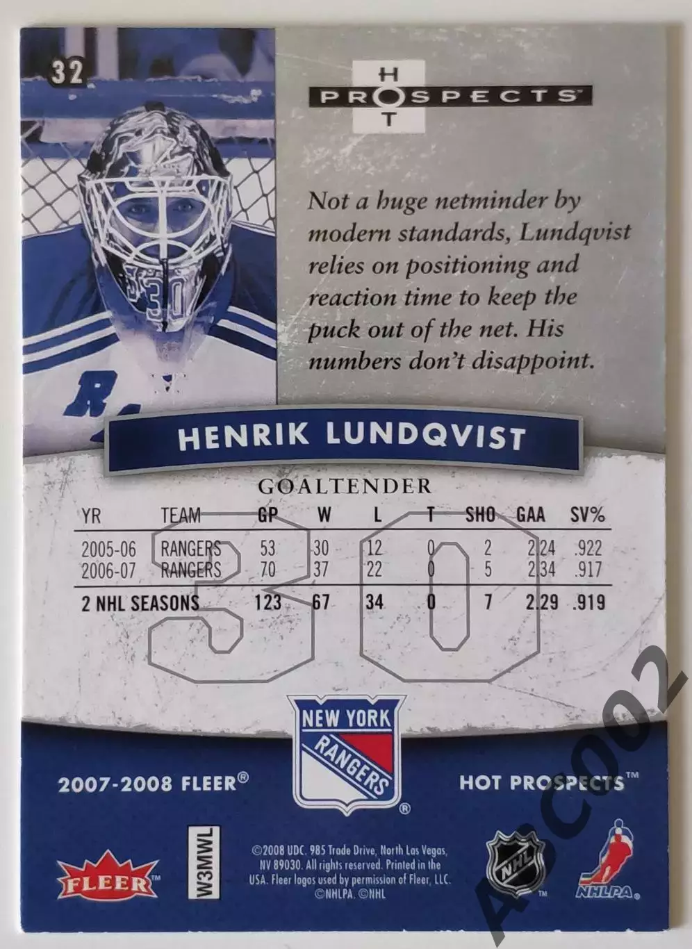 Карточка НХЛ / Henrik Lundqvist / Rangers / Hot Prospects 1