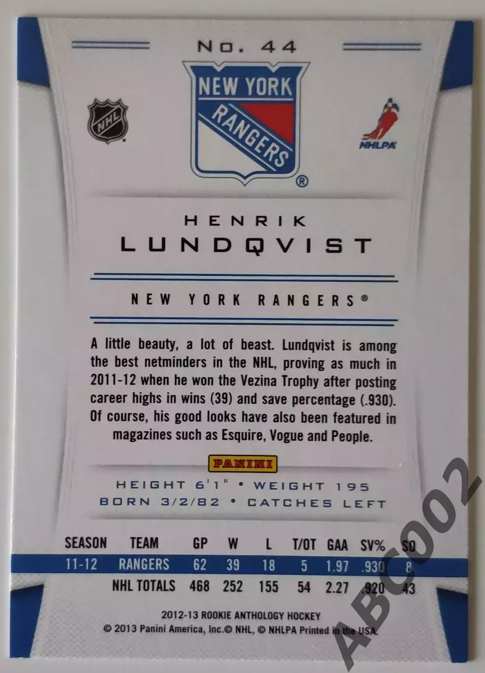 Карточка НХЛ / Henrik Lundqvist / Rangers / Rookie Anthology 1