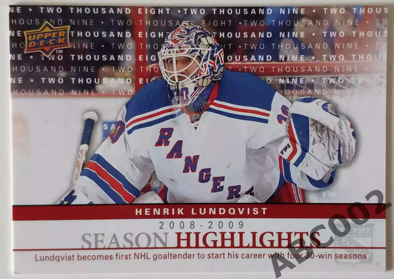Карточка НХЛ / Henrik Lundqvist / Rangers / Season Highlights