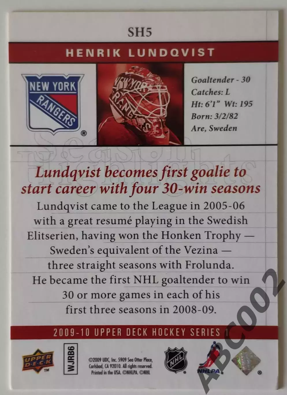 Карточка НХЛ / Henrik Lundqvist / Rangers / Season Highlights 1