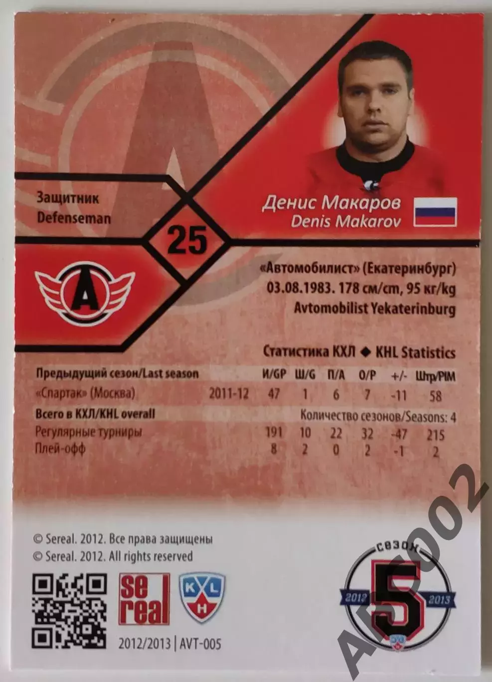 Карточка КХЛ / Денис Макаров / 38 из 100 / Автомобилист 1