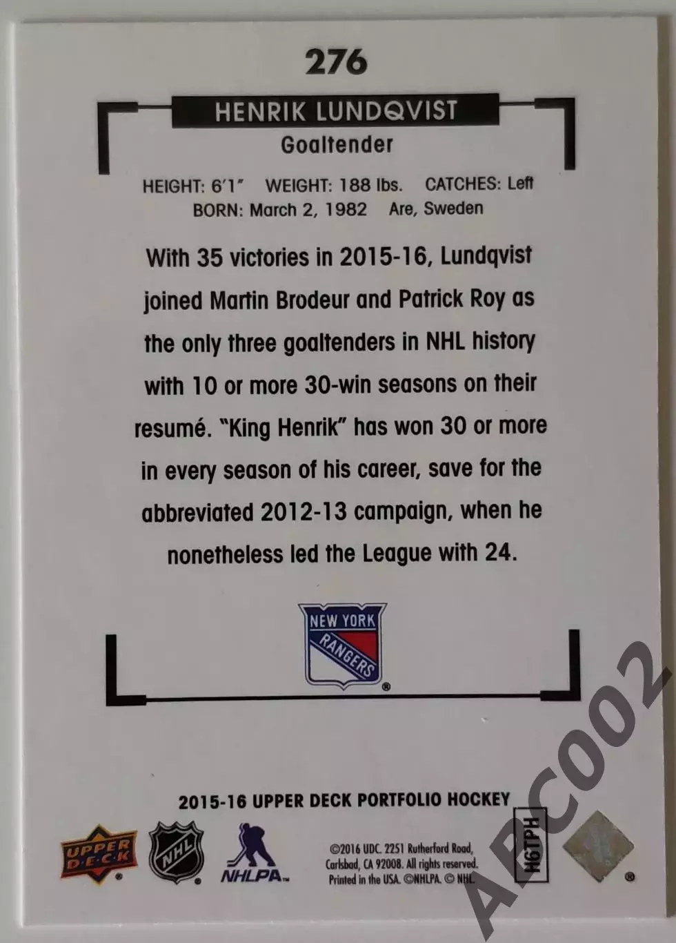 Карточка НХЛ / Henrik Lundqvist / Portfolio 1