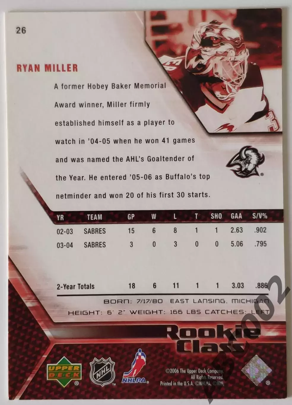 Карточка НХЛ / Ryan Miller / Sabres / Rookie Class 1