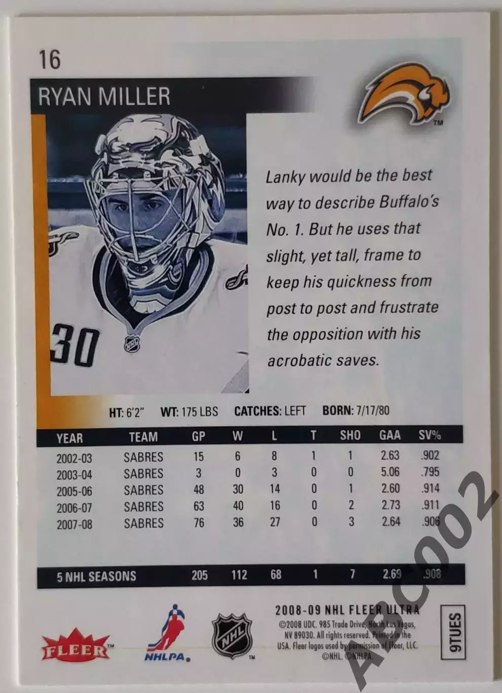 Карточка НХЛ / Ryan Miller / Sabres / Fleer Ultra 1