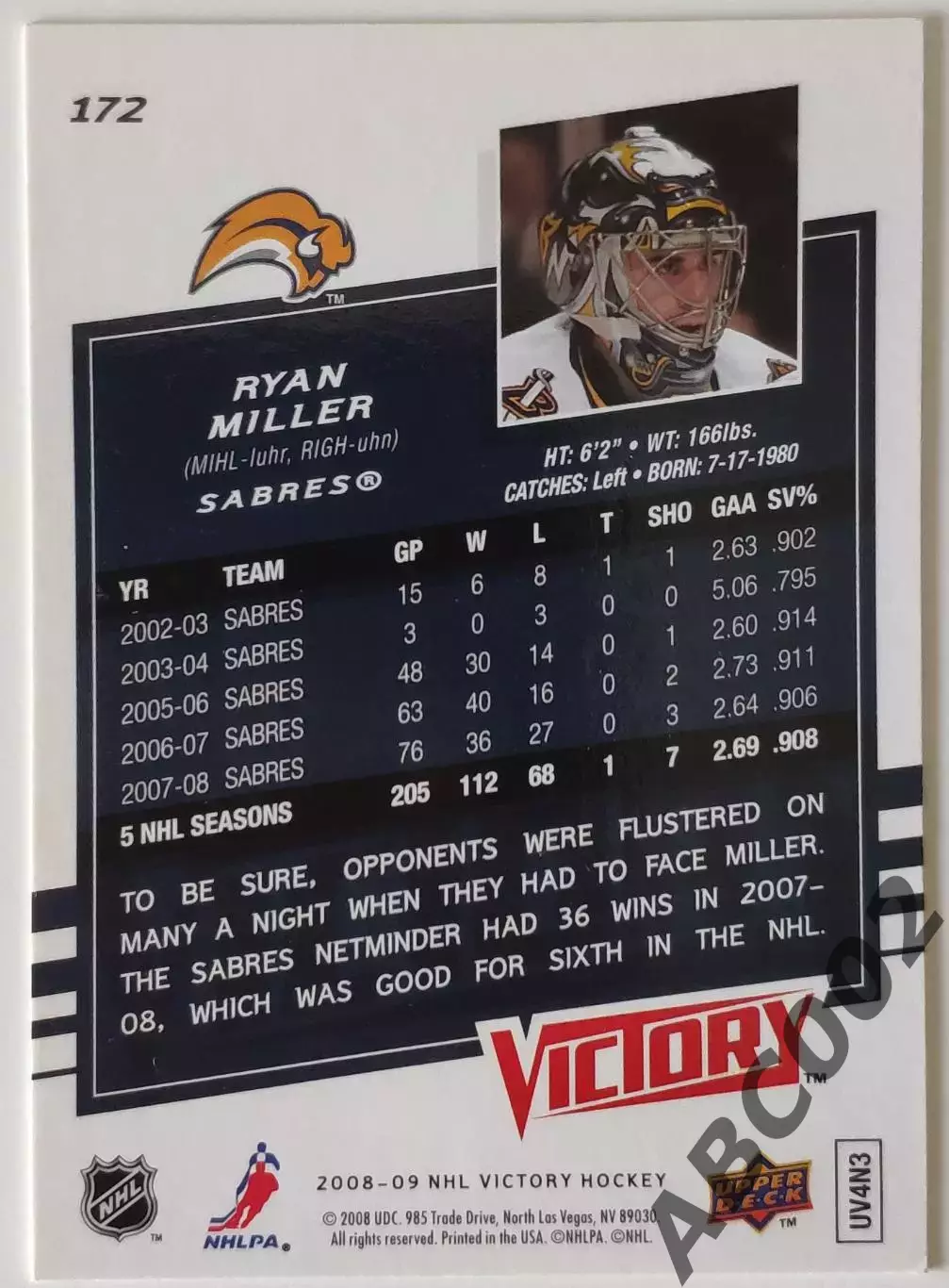 Карточка НХЛ / Ryan Miller / Sabres / Victory 1