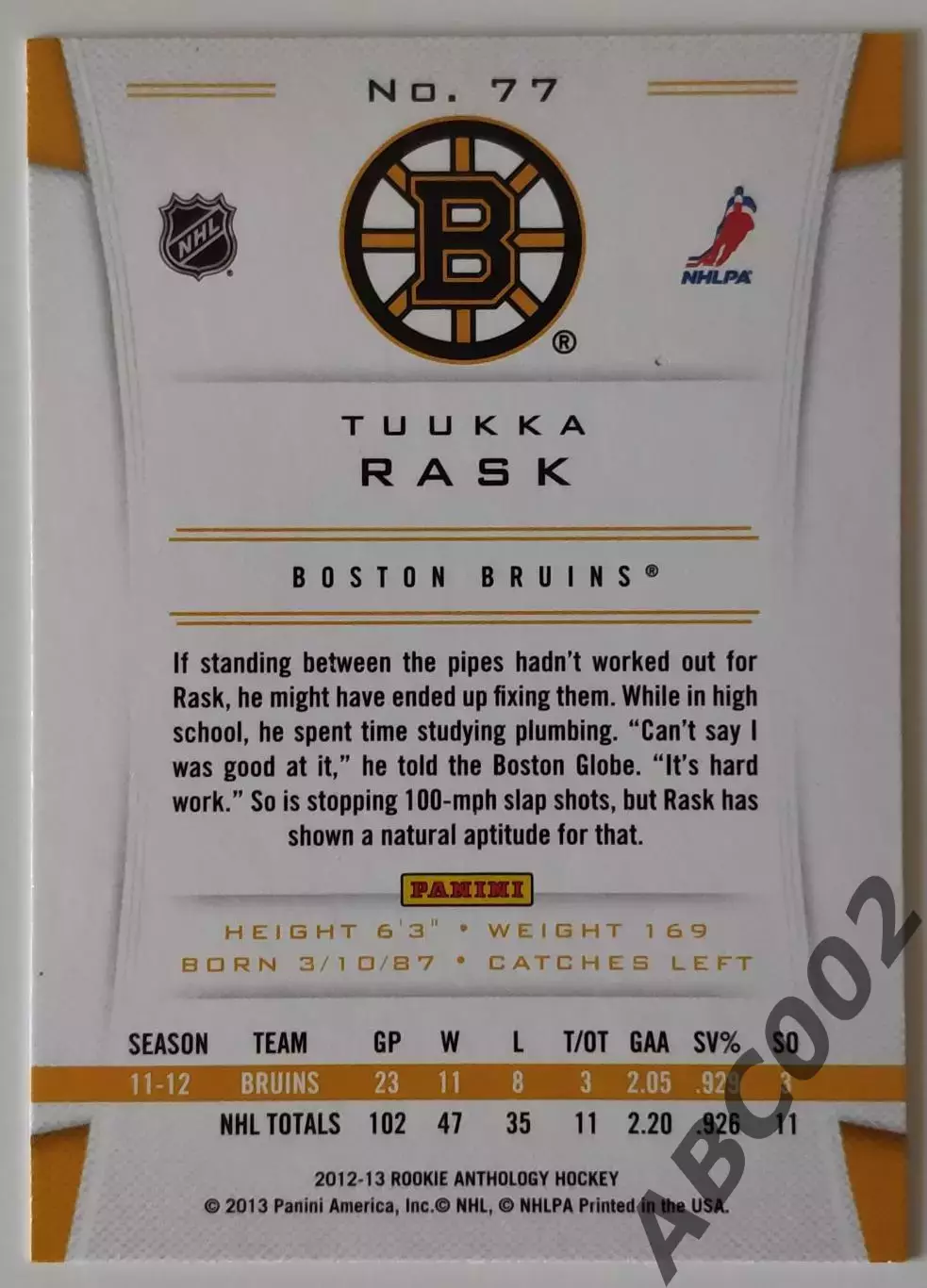 Карточка НХЛ / Tuuka Rask / Bruins / Rookie Anthology 1