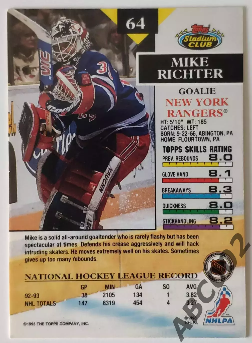 Карточка НХЛ / Mike Richter / Rangers / Stadium Club 1