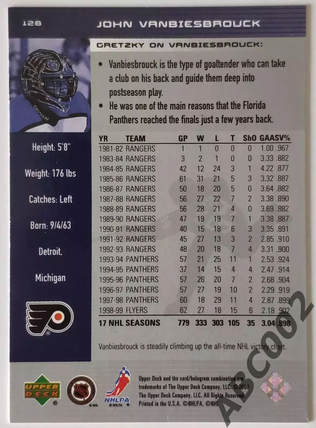 Карточка НХЛ / John Vanbiesbrouck / Flyers / Leader 1