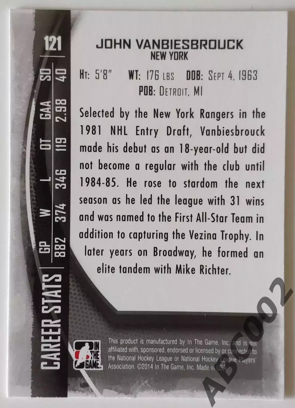 Карточка НХЛ / John Vanbiesbrouck / Rangers / Between The Pipes 1