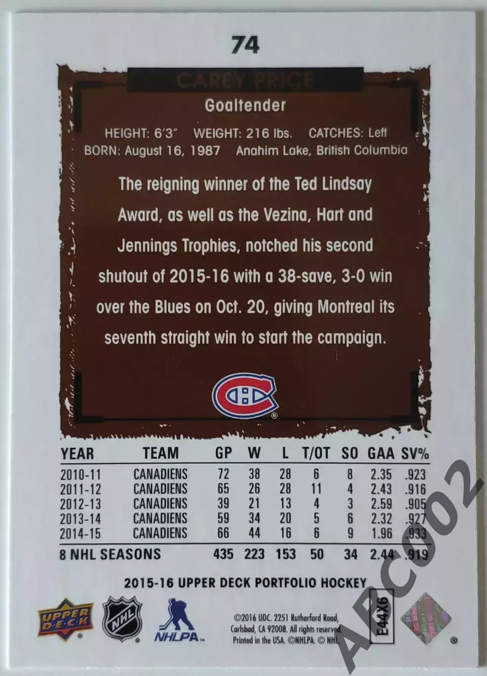 Карточка НХЛ / Carey Price / Canadiens / Portfolio 1