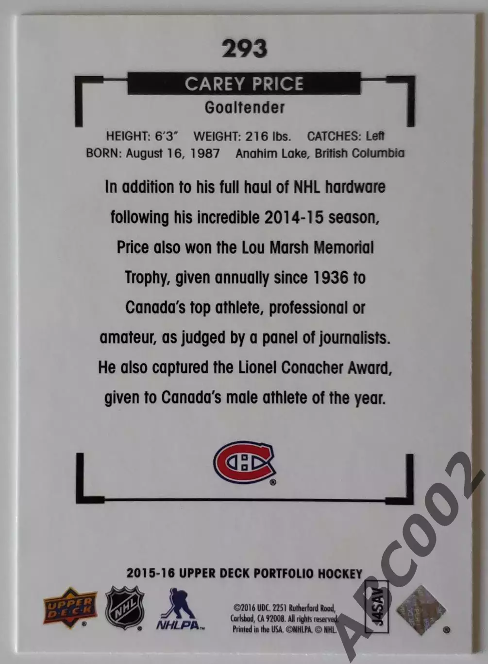 Карточка НХЛ / Carey Price / Canadiens / Black & White Portfolio 1
