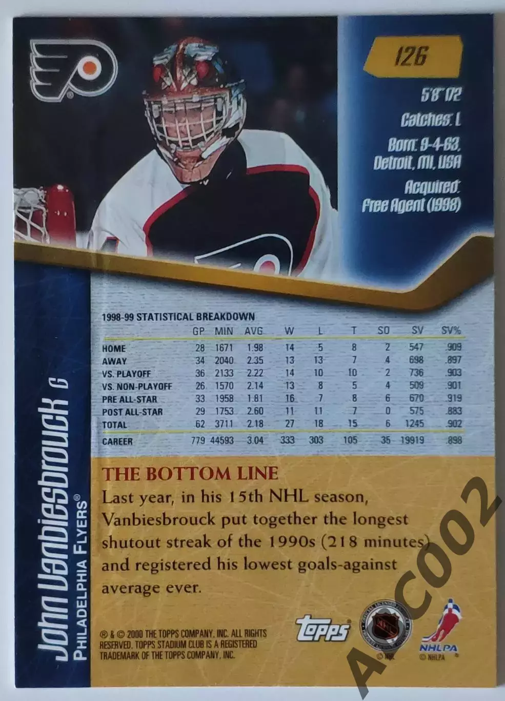 Карточка НХЛ / John Vanbiesbrouck / Flyers / Stadium Club 1