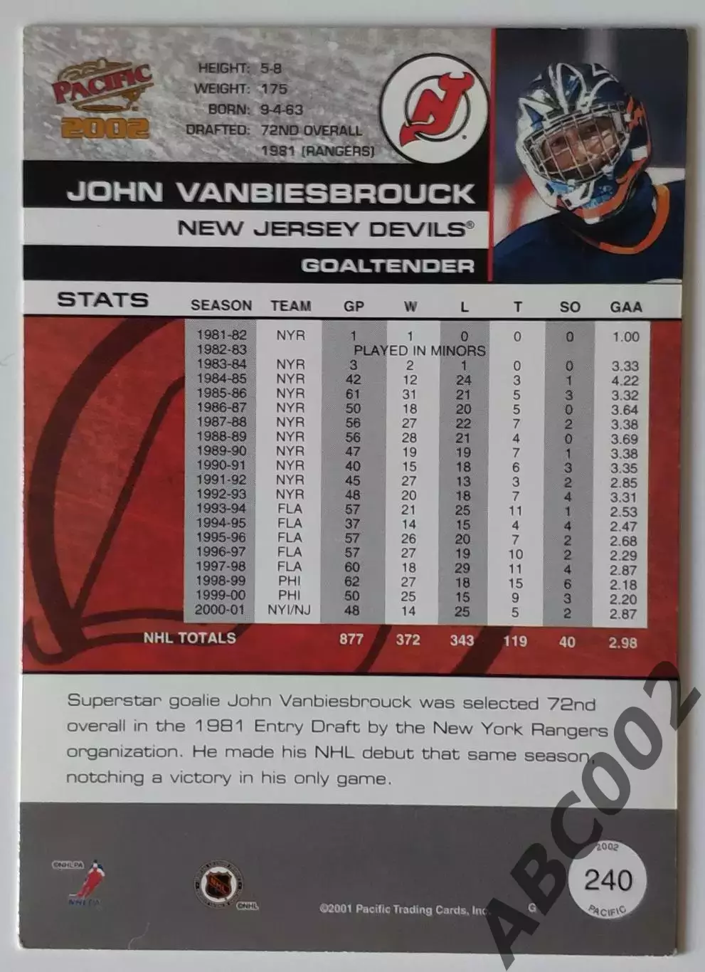 Карточка НХЛ / John Vanbiesbrouck / Devils / Pacific 1