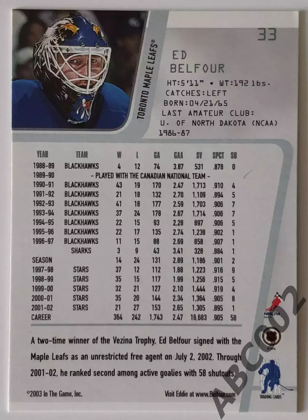 Карточка НХЛ / Ed Belfour / Maple Leafs / Between The Pipes 1